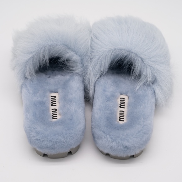 size 40eu 10 US Miu Miu Faux Fur Plush Sandals Slides Blue - Picture 5 of 12